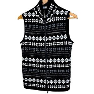 Rivamonti 100% Wool Fair Isle Vest Black White Full Zip Italy Woman’s Size Large